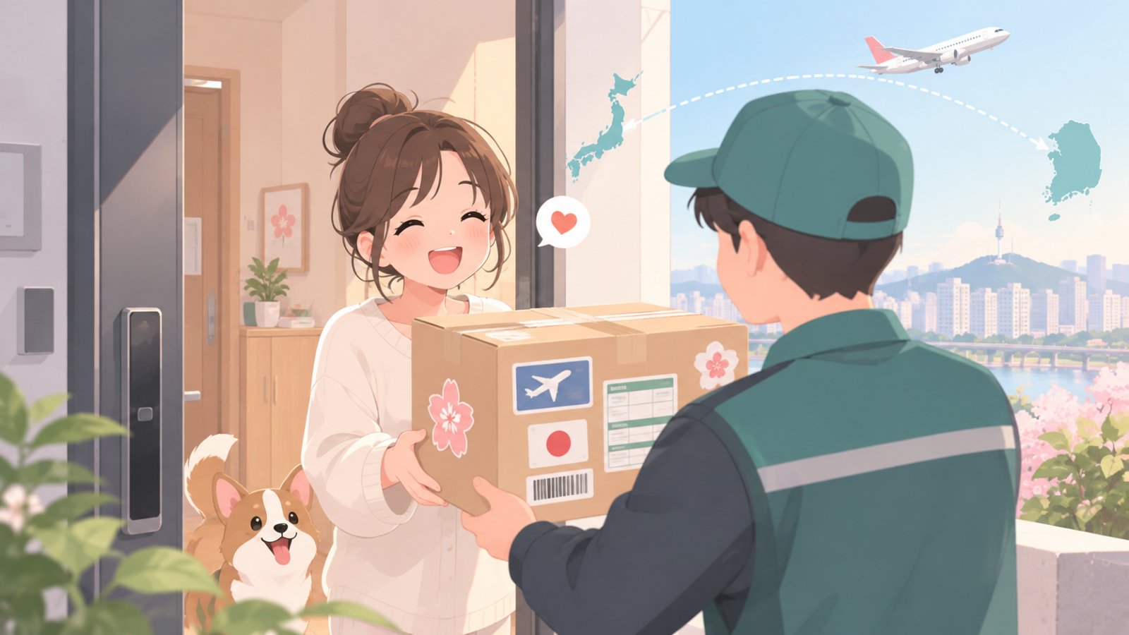 일본에서 온 택배를 한국 집 앞에서 받는 모습